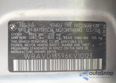 2006 BMW 325Xi из США, поврежденный, VIN WBAVD13596KV10123